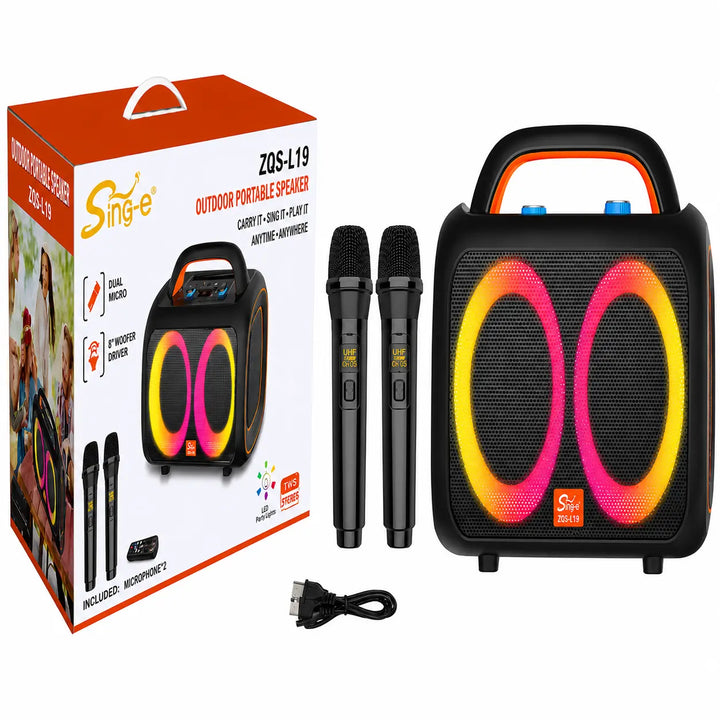 Boxă Portabilă Bluetooth Sing-e ZQS-L19, Karaoke, 1400W, 2 Microfoane Wireless Incluse, RGB LED, USB, TF Card, FM Radio, TWS, Acumulator Reîncărcabil, Negru