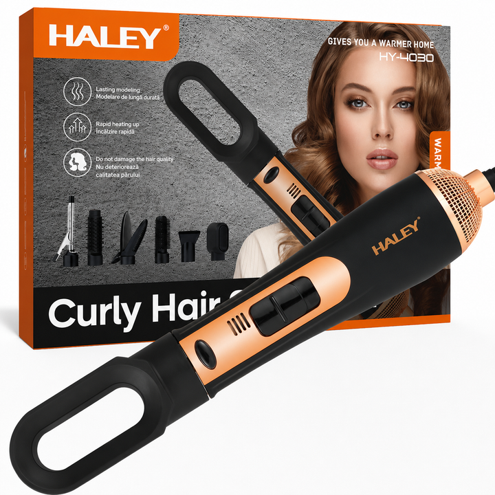 Aparat de Coafat Multifuncțional HALEY HY-L4030 7 în 1, 1200W, 27.000–28.000 RPM, Uscare, Ondulare, Netezire și Volum, Accesorii Interschimbabile