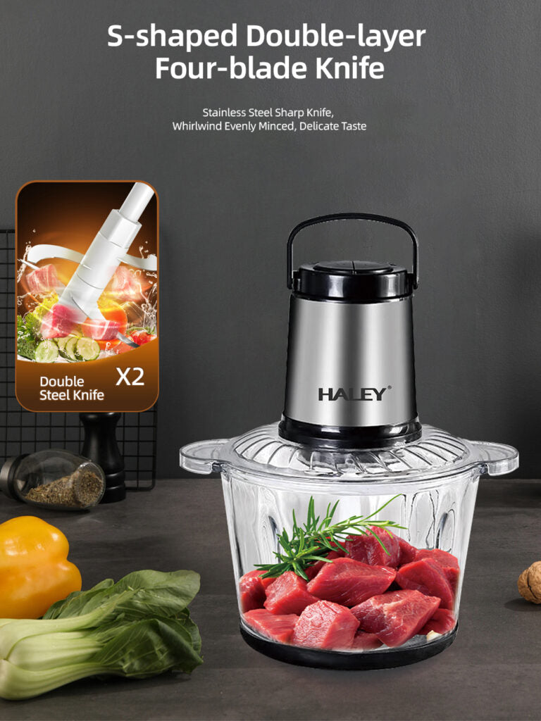 Tocător Electric HALEY HY-1226, 3L, 1200W, Bol din Sticlă, 4 Lame Inox