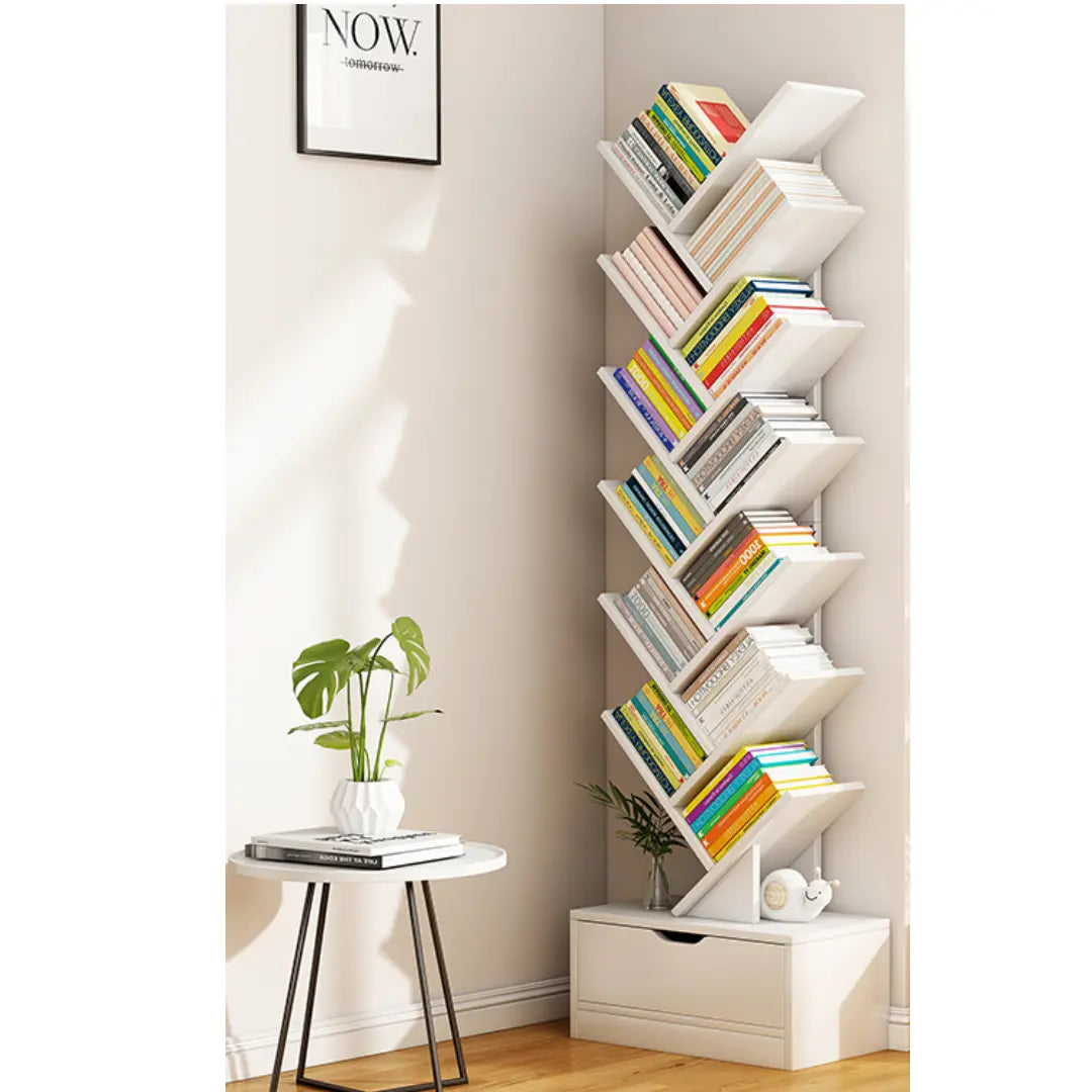 Bibliotecă Tip Arbore cu 12 Niveluri și Sertar Inferior, Raft pentru Cărți Modern Alb, Economisire Spațiu pentru Living, Dormitor și Birou