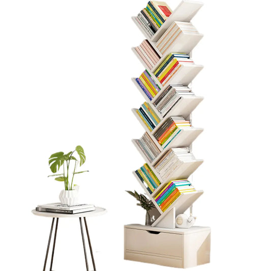 Bibliotecă Tip Arbore cu 12 Niveluri și Sertar Inferior, Raft pentru Cărți Modern Alb, Economisire Spațiu pentru Living, Dormitor și Birou