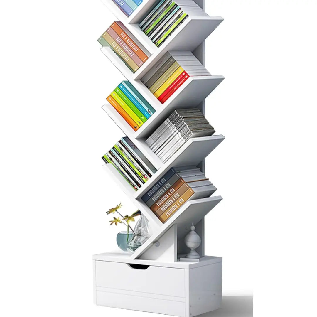 Bibliotecă Tip Arbore cu 12 Niveluri și Sertar Inferior, Raft pentru Cărți Modern Alb, Economisire Spațiu pentru Living, Dormitor și Birou