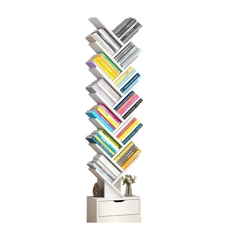 Bibliotecă Tip Arbore cu 12 Niveluri și Sertar Inferior, Raft pentru Cărți Modern Alb, Economisire Spațiu pentru Living, Dormitor și Birou