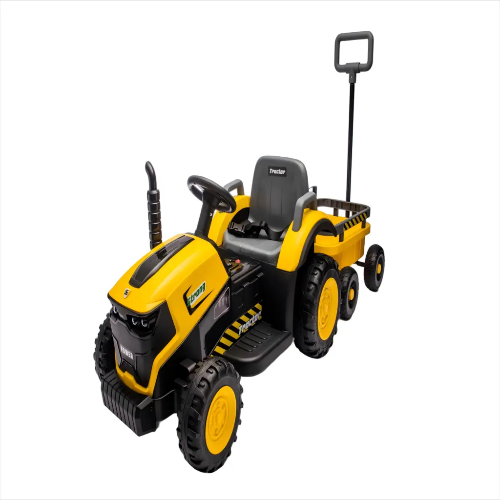 Tractor Electric KIDOO pentru Copii cu Telecomandă 2.4G, Remorcă Detașabilă, 12V 4.5Ah, 2 Motoare 380, Lumini LED, Muzică, Centură de Siguranță, Galben/Gri