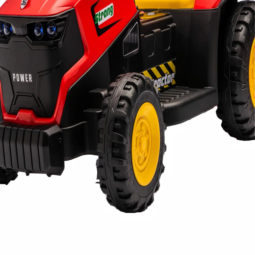 Tractor Electric KIDOO pentru Copii cu Telecomandă 2.4G, Remorcă Detașabilă, 12V 4.5Ah, 2 Motoare 380, Lumini LED, Muzică, Centură de Siguranță, Roșu/Galben