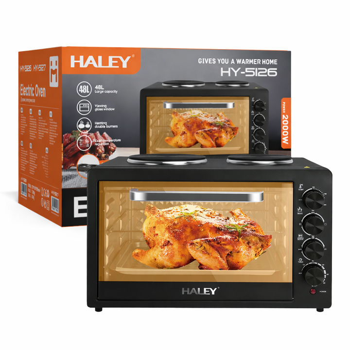 Cuptor Electric HALEY HY-5126, 48L, 2000W, cu Plită Dublă, Ușă din Sticlă