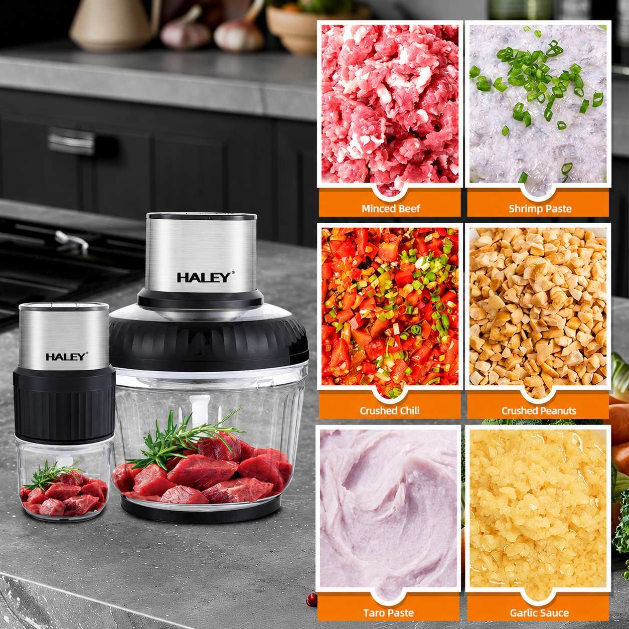 Tocător Electric Haley HY-1249, 500W, 2 Recipiente 2.5L + 0.5L, 3 Viteze, 4 + 6 Lame, Sticlă Borosilicată
