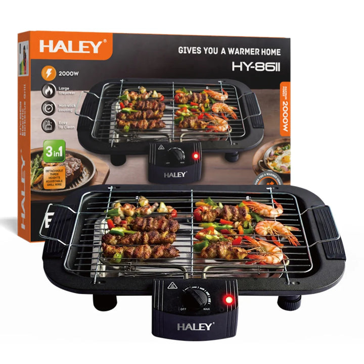 Grătar Electric HALEY HY-8611, 2000W, Grill de Masă cu Temperatură Reglabilă, Grătar Detașabil, Încălzire Rapidă, Suprafață Antiaderentă, Negru