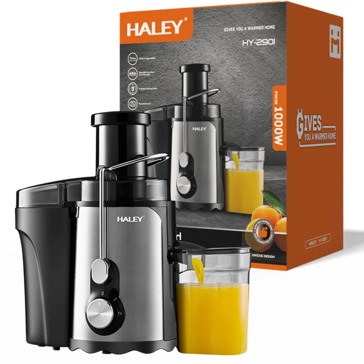 Storcător Electric de Fructe și Legume HALEY HY-2901, 1000W, Gură de Alimentare 70 mm, 3 Trepte de Viteză + Pulse, Recipient Suc 600 ml, Recipient Pulpă 1,5 L, Filtru Inox, Argintiu/Negru