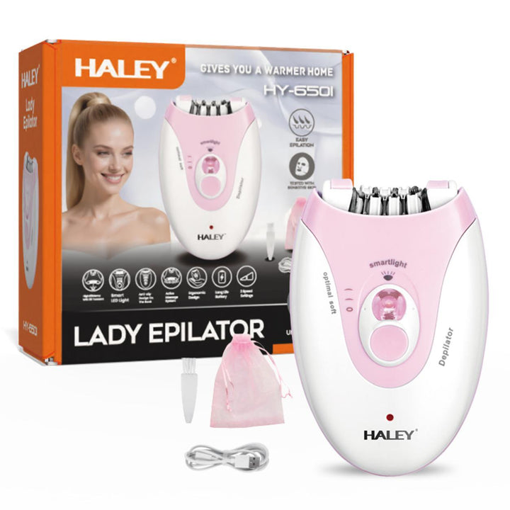 Epilator Electric pentru Femei HALEY HY-6501, 36 Pensete, 2 Trepte de Viteză, Lumină LED, Sistem de Masaj, Acumulator Reîncărcabil, Alb/Roz