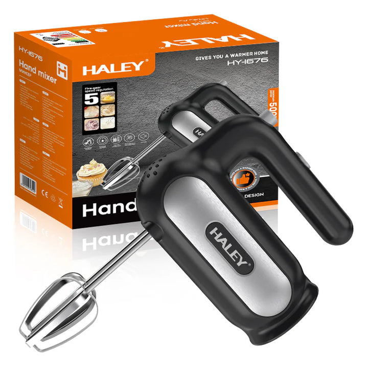 Mixer de Mână Electric HALEY HY-1676, 500W, 5 Viteze + Turbo, Cu Teluri și Cârlige din Inox, Ușor și Puternic pentru Creme, Aluat și Deserturi