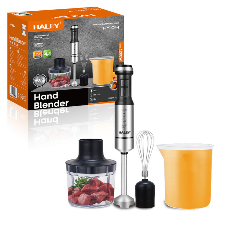 Blender de Mână Electric HALEY 4-in-1, 1200W, Oțel Inoxidabil, 2 Viteze + Accesorii – Tocător, Tel, Pahar, Multifuncțional pentru Bucătărie