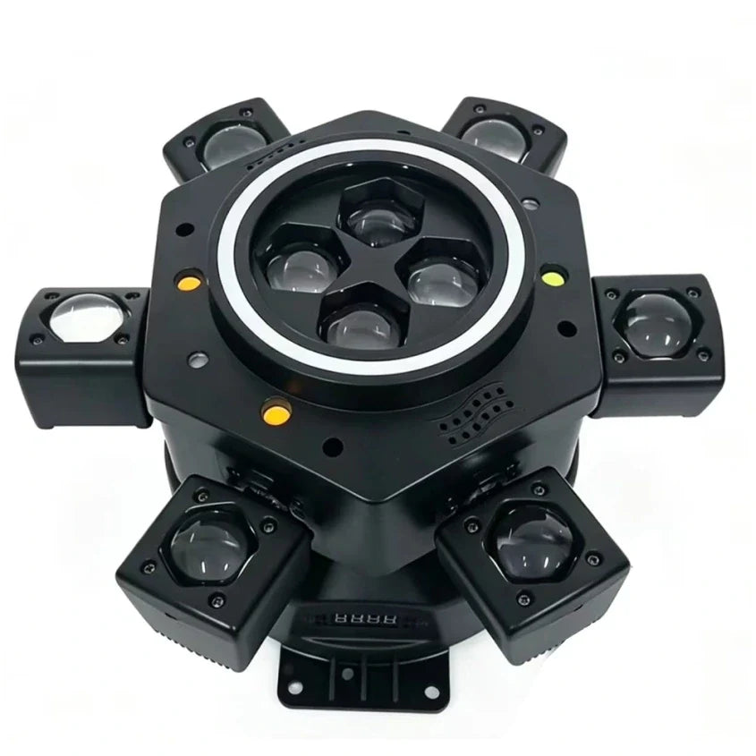 Moving Head LED Bee-Eye cu 6 Beam-uri Mobile, Laser Roșu și Verde, Stroboscop Dublu și Bandă LED RGB – Control DMX512 26 Canale, Master/Slave, Auto-Run și Sound Active pentru Club, DJ, Nunți și Evenimente