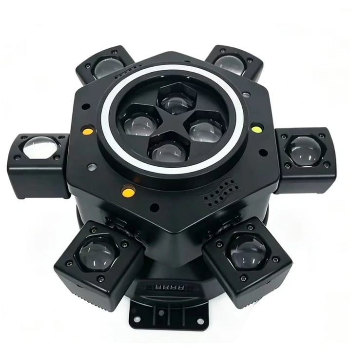 Moving Head LED Bee-Eye cu 6 Beam-uri Mobile, Laser Roșu și Verde, Stroboscop Dublu și Bandă LED RGB – Control DMX512 26 Canale, Master/Slave, Auto-Run și Sound Active pentru Club, DJ, Nunți și Evenimente