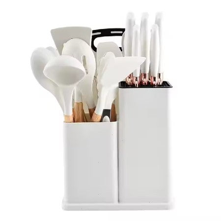 Set cutite otel inoxidabil, AT PERFORMANCE® si ustensile de bucatarie in suport cu tocator, 19 piese