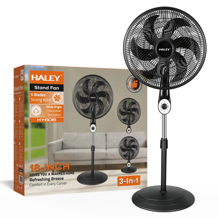 Ventilator cu Picior HALEY HY-6016, 18 Inch, 6 Pale, 3 în 1 (Podea/Masă), 3 Trepte de Viteză, Oscilație Orizontală, Înălțime Reglabilă, Motor Puternic și Silențios, Negru