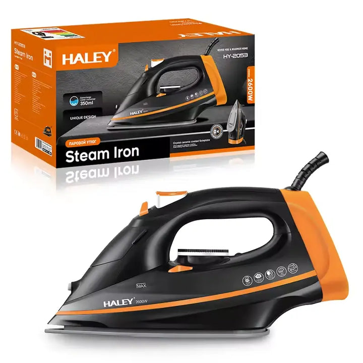 Fier de călcat cu abur HALEY® HY-2053, 2600W, Talpă ceramică, Rezervor 350ml, Funcție Abur Vertical, Auto-curățare, Anti-Picurare, Negru/Portocaliu