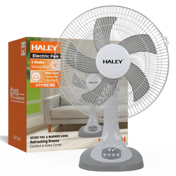 Ventilator de Masă HALEY HY-6018, 16 Inch, 5 Pale, 3 Trepte de Viteză, Oscilație Orizontală, Motor Puternic și Silențios, Alb