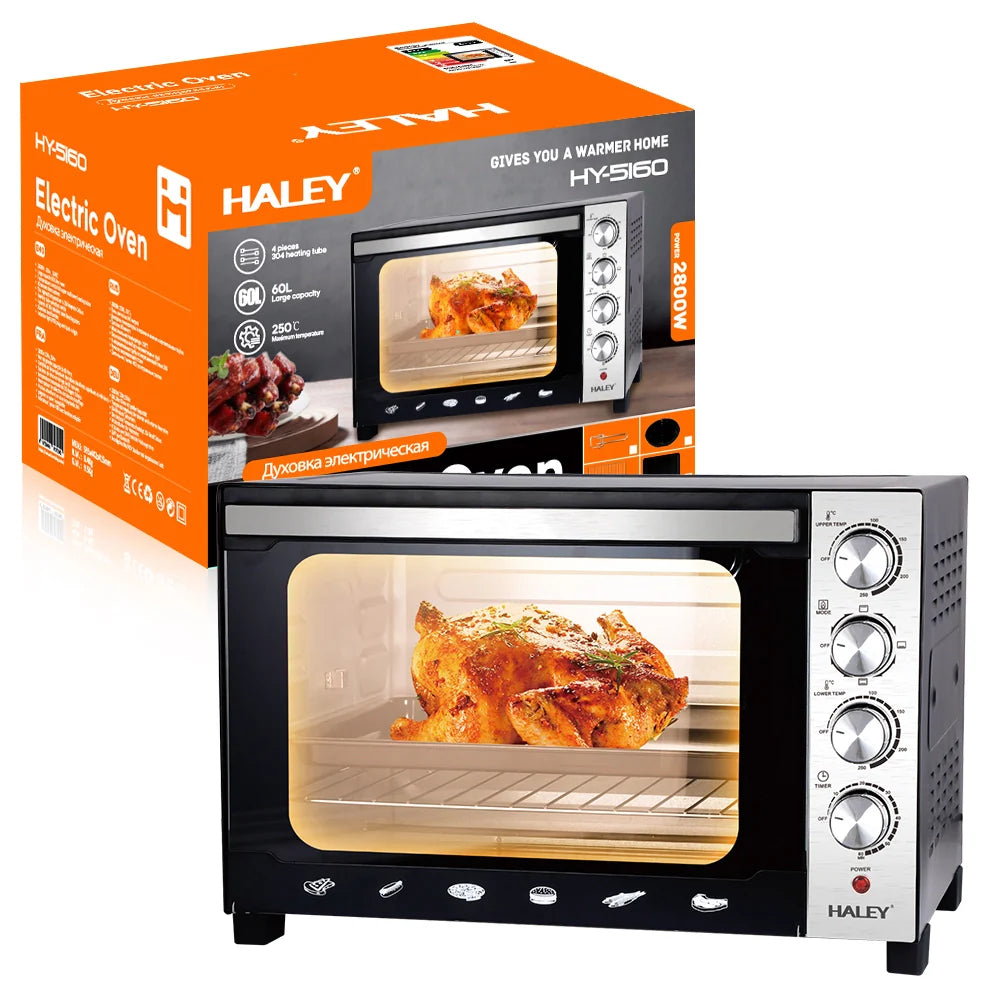 Cuptor Electric HALEY HY-5160, 2800W, 60L – Negru/Argintiu, Încălzire 360°, Rotisor, Timer, 4 Tuburi, Operare Simplă