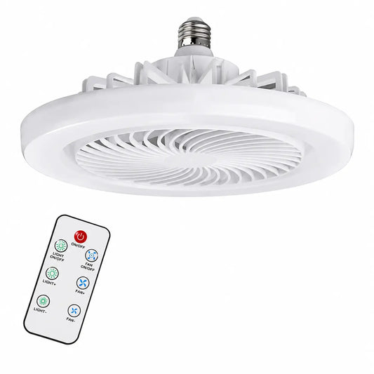 Ventilator de Tavan cu LED și Telecomandă E27 – Bec Ventilator 2 în 1, 3 Trepte de Lumină, 3 Viteze, Economie de Energie, Alb