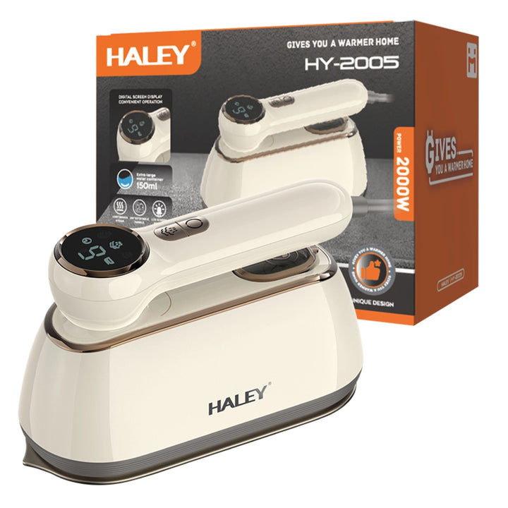 Fier de călcat vertical cu aburi HALEY HY-2005, 2000W, Ecran Digital LED, Talpă din Inox, Rezervor 150 ml, Încălzire Rapidă, Alb