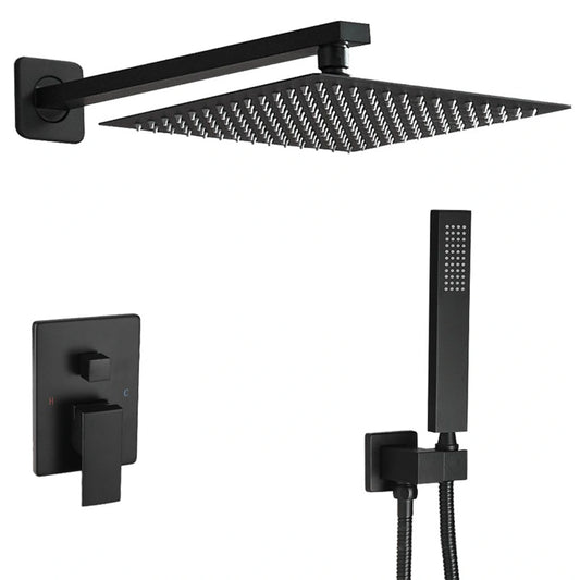 Sistem de Cadă-Duș negru mat, montaj pe perete, cap ploaie 10” și pară de duș, presiune înaltă