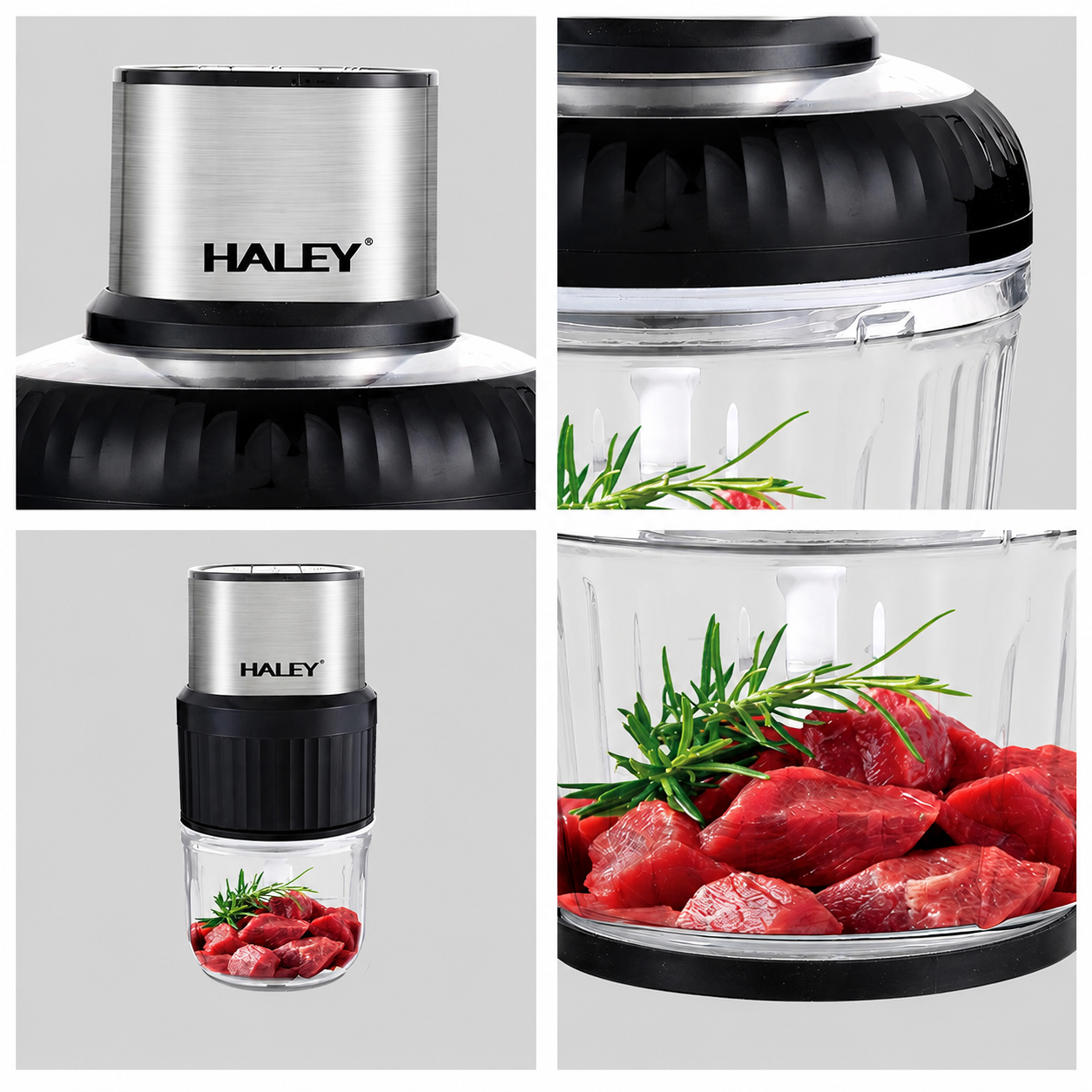 Tocător Electric Haley HY-1249, 500W, 2 Recipiente 2.5L + 0.5L, 3 Viteze, 4 + 6 Lame, Sticlă Borosilicată