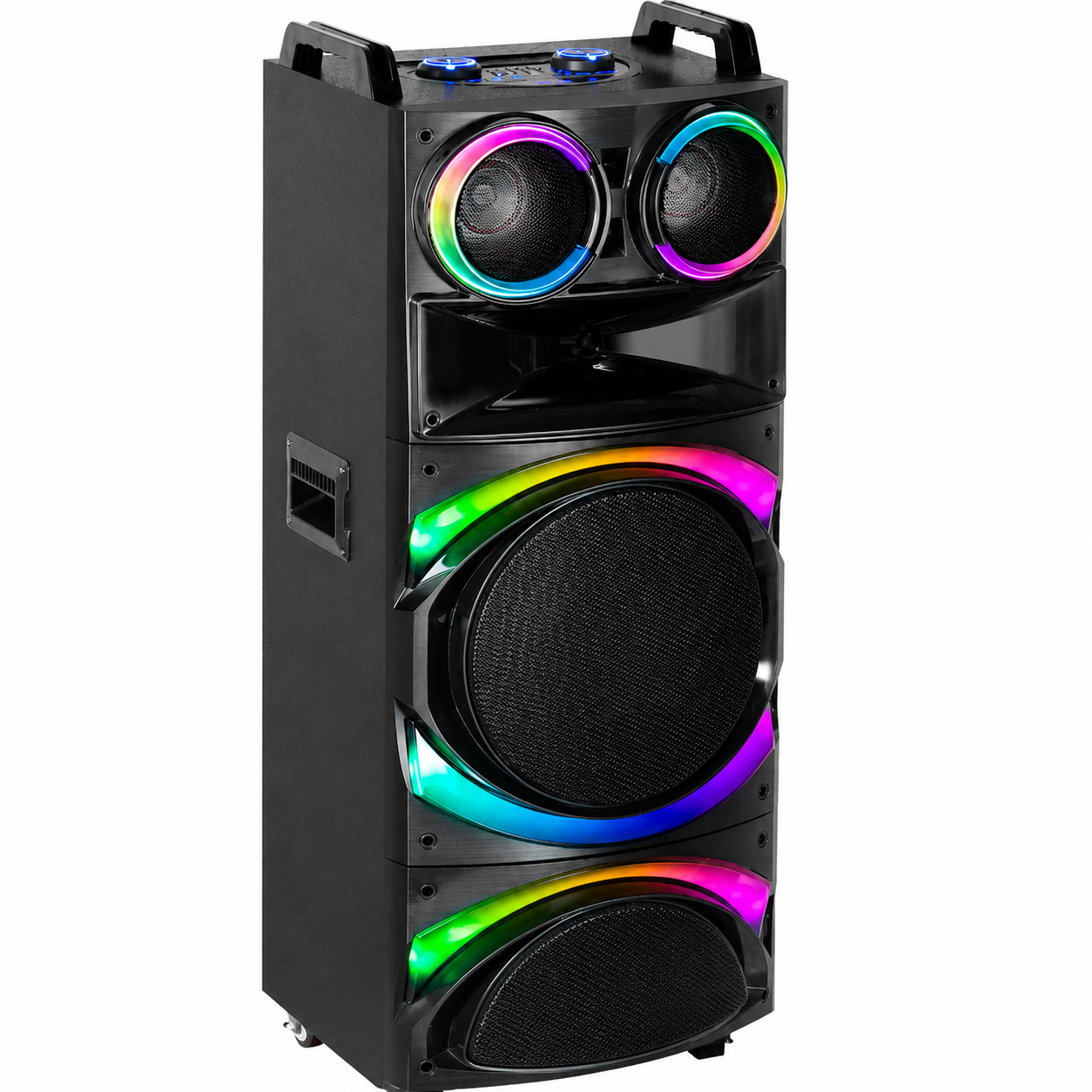 Boxă Karaoke AT PERFORMANCE® Portabilă 21200W PMPO, 2 x 12", Bluetooth, 2 Microfoane Wireless, RGB LED