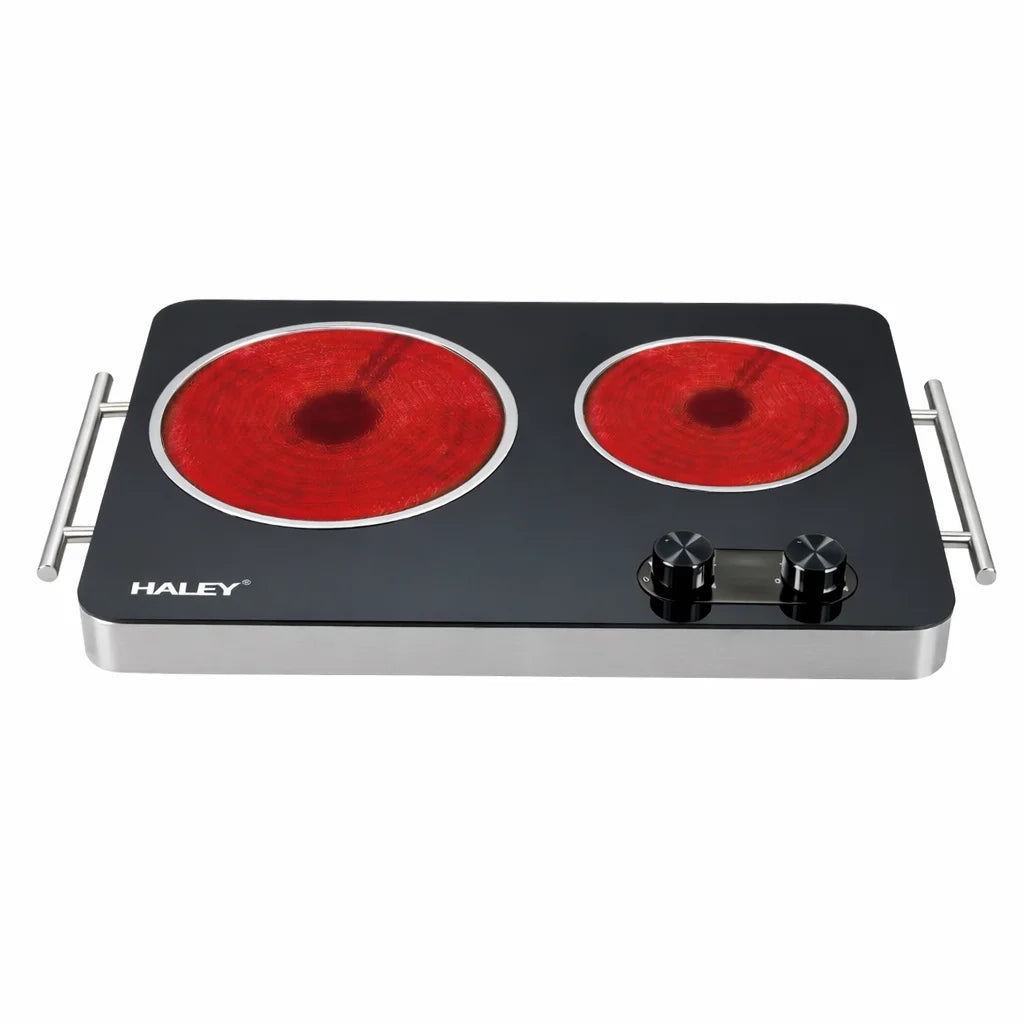 Plită Electrică Dublă Haley HY–1828 – 2 Zone, Suprafață din Sticlă Neagră