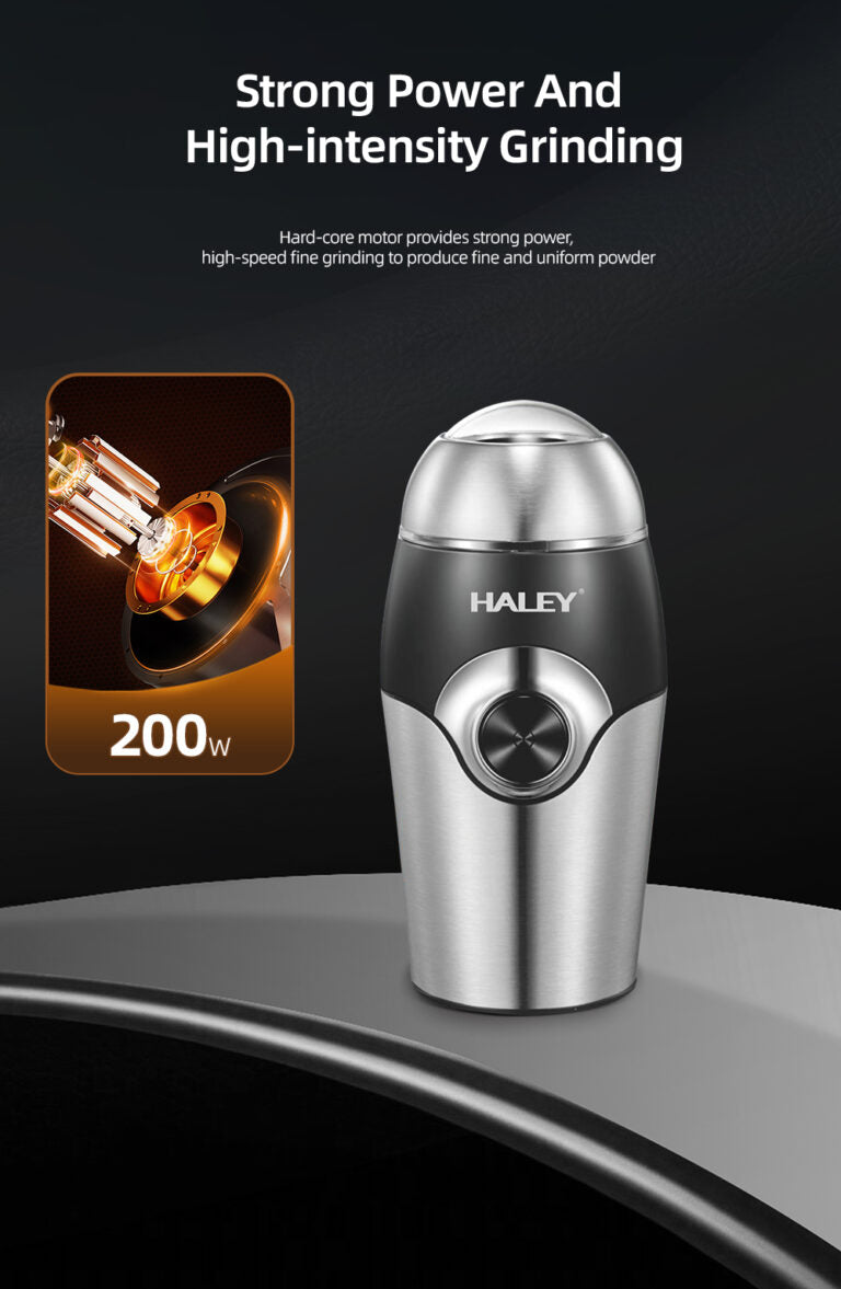 Râșniță Electrică Haley 300W din Inox, 500g, Măcinare Rapidă, Lame din Oțel, Siguranță Avansată