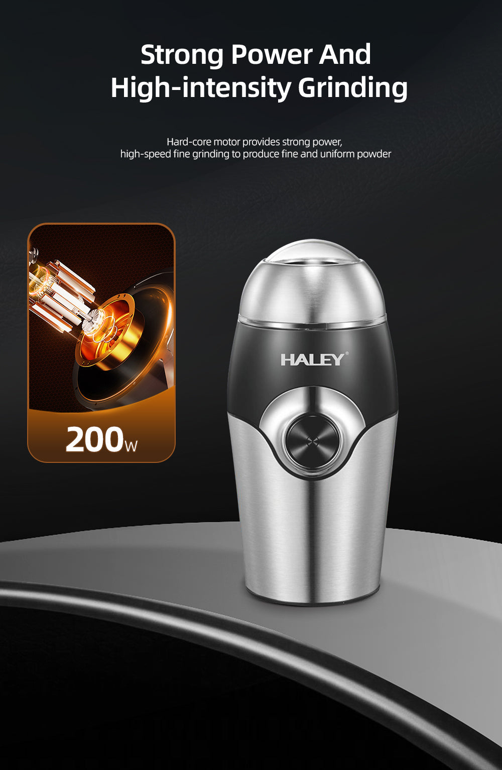 Râșniță Electrică Haley 300W din Inox, 500g, Măcinare Rapidă, Lame din Oțel, Siguranță Avansată