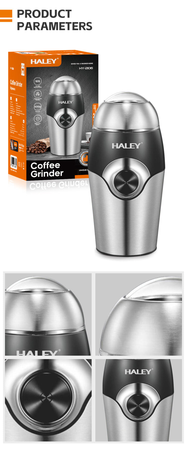 Râșniță Electrică Haley 300W din Inox, 500g, Măcinare Rapidă, Lame din Oțel, Siguranță Avansată