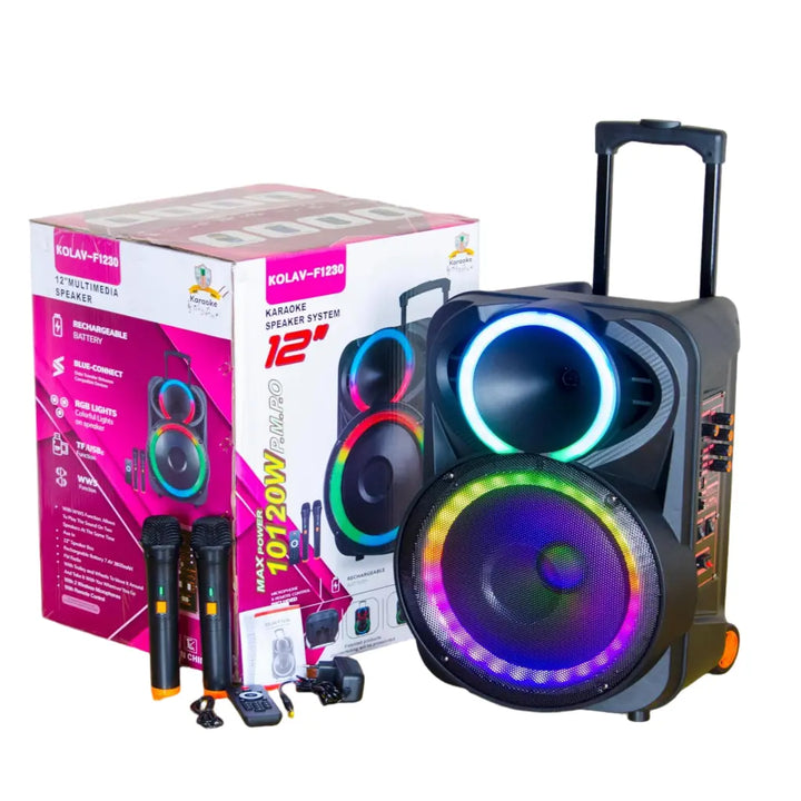 Boxă Portabilă Karaoke 12" KOLAV F1230, 400W PMPO, Acumulator Reîncărcabil, 2 Microfoane Wireless, Bluetooth, RGB LED, TWS, USB/TF, FM Radio, Telecomandă, Bass puternic
