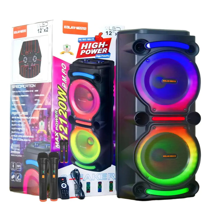 Boxă Karaoke Portabilă KOLAV-M2212, 400W RMS, 2x12", Bluetooth, 2 Microfoane Wireless, RGB LED, TWS, USB-C, TF Card, Telecomandă Inclusă