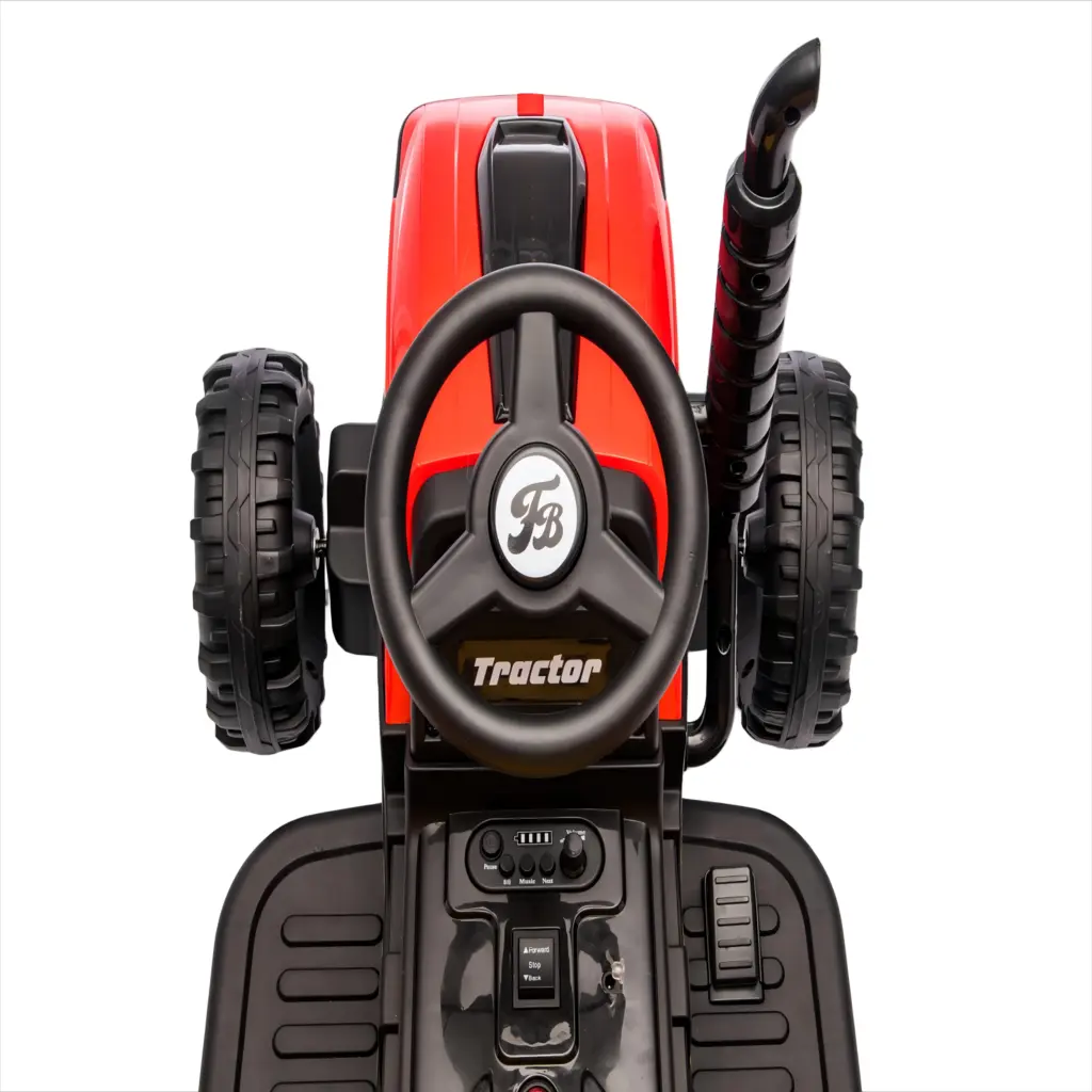 Tractor Electric KIDOO pentru Copii cu Telecomandă 2.4G, Remorcă Detașabilă, 12V 4.5Ah, 2 Motoare 380, Lumini LED, Muzică, Centură de Siguranță, Roșu/Galben