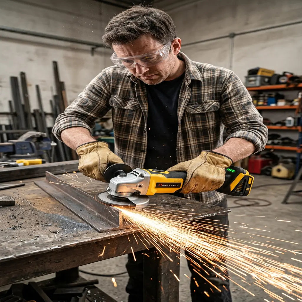 Polizor Flex Unghiular Fără Fir AT Performance 48V – Kit Complet cu 2 Acumulatori 5.0Ah, incarcator, 2 Discuri 125mm si Valiza transport