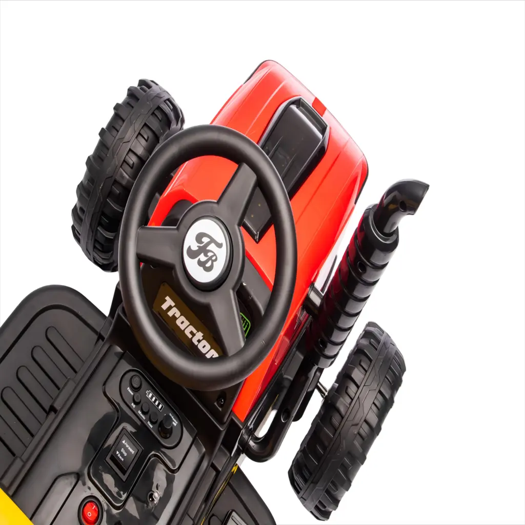 Tractor Electric KIDOO pentru Copii cu Telecomandă 2.4G, Remorcă Detașabilă, 12V 4.5Ah, 2 Motoare 380, Lumini LED, Muzică, Centură de Siguranță, Roșu/Galben