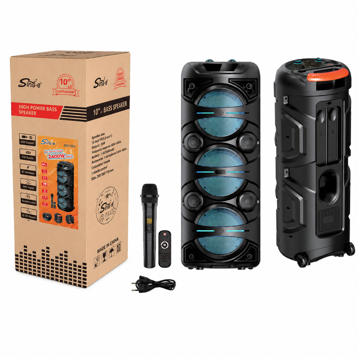 Boxă Portabilă Karaoke Sing-e ZQS10301, 20000W PMPO, 3 x 10", Bluetooth, USB/TF, AUX, Intrare Microfon, LED RGB, Acumulator 5000mAh