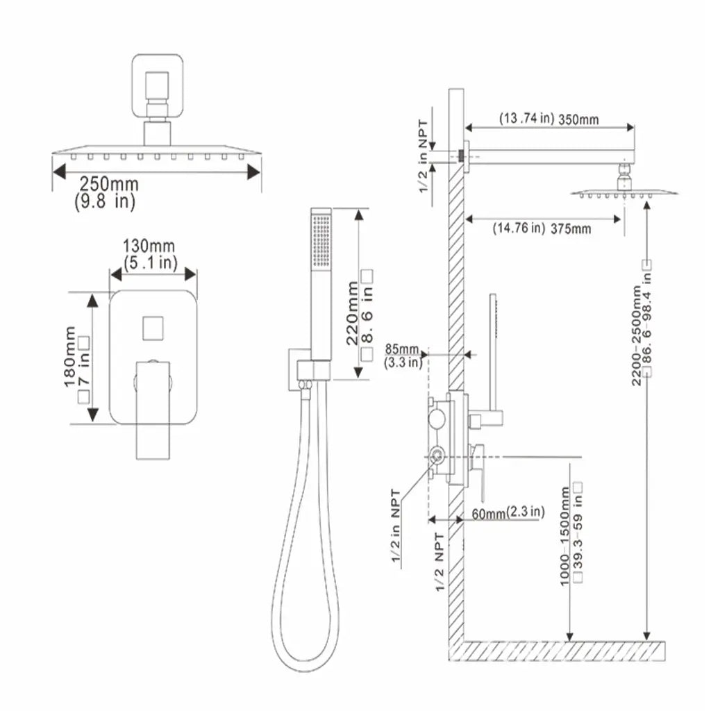 Sistem de Cadă-Duș negru mat, montaj pe perete, cap ploaie 10” și pară de duș, presiune înaltă