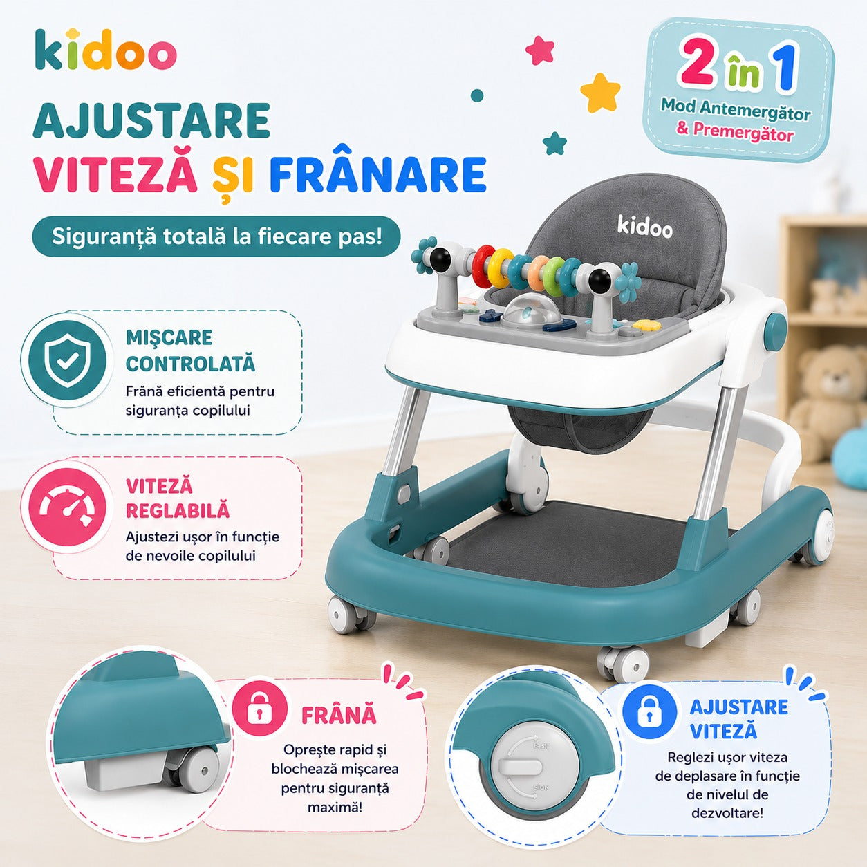 Premergător educațional 3 în 1 KIDOO®, pentru copii | Masuță, Premergător ; Antemergător | Reglabil, Muzical, Anti-cădere