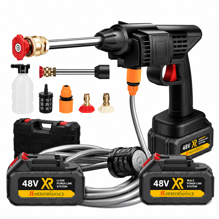 Pistol de Spălat cu Presiune Portabil AT PERFORMANCE®, 2 Acumulatori 36V, Pulverizator pentru Spumă, Autoabsorbție, Set Complet