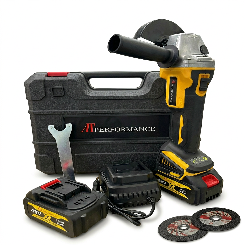 Polizor Flex Unghiular Fără Fir AT Performance 48V – Kit Complet cu 2 Acumulatori 5.0Ah, incarcator, 2 Discuri 125mm si Valiza transport