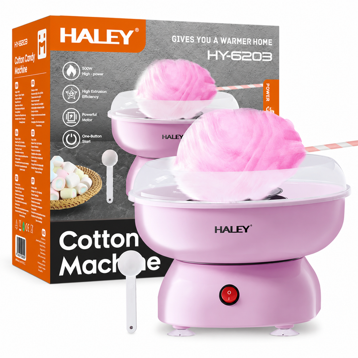 Aparat pentru Vată de Zahăr HALEY® HY-6203, 500W, Pornire cu un Singur Buton, Include 10 Bețișoare și Lingură Dozatoare