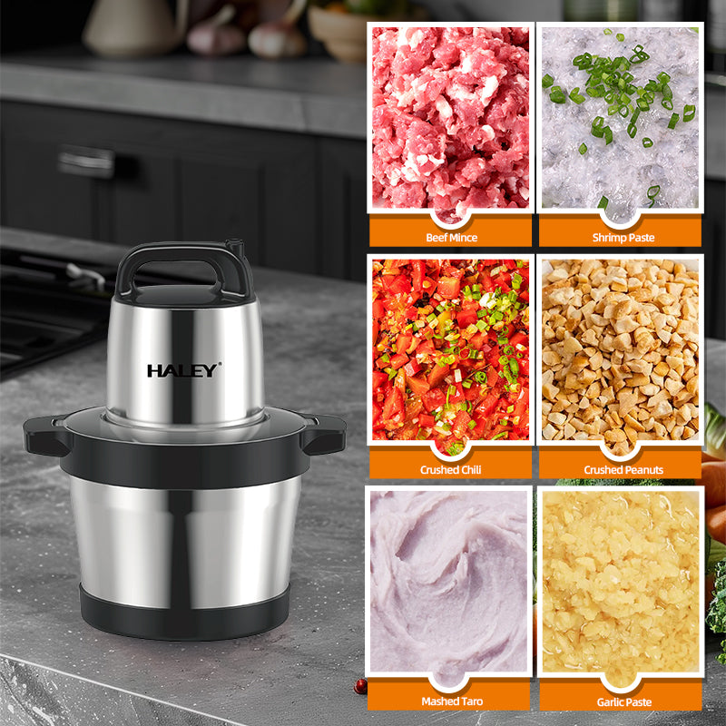 Tocator Electric HALEY 1200W, 4 Lame din Oțel Inoxidabil, Recipient Full Inox 6L, 2 Viteze Reglabile