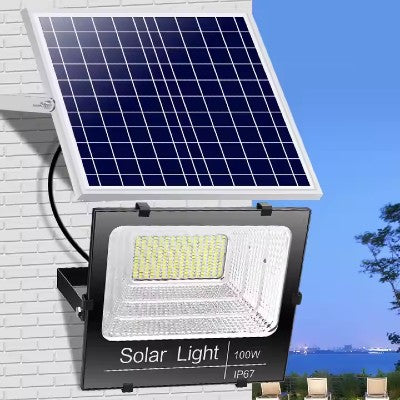 Proiector LED/Lampa solara de exterior AT PERFORMANCE®, Rezistent la Apa IP66, cu Panou Solar, 220 LED SMD, 100W, Senzor de lumina, Timer, cu Telecomanda, 2 moduri de iluminat, kit montaj inclus, Lumina Rece.