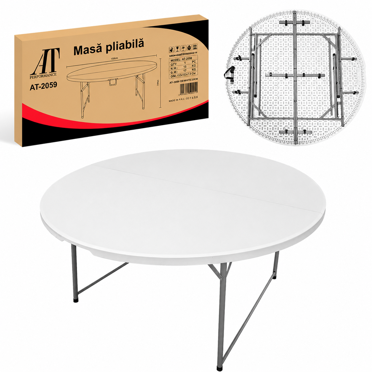 Masă Rotundă Pliabilă AT PERFORMANCE® 150 cm, HDPE Profesional, 400 kg, pentru Evenimente și Catering