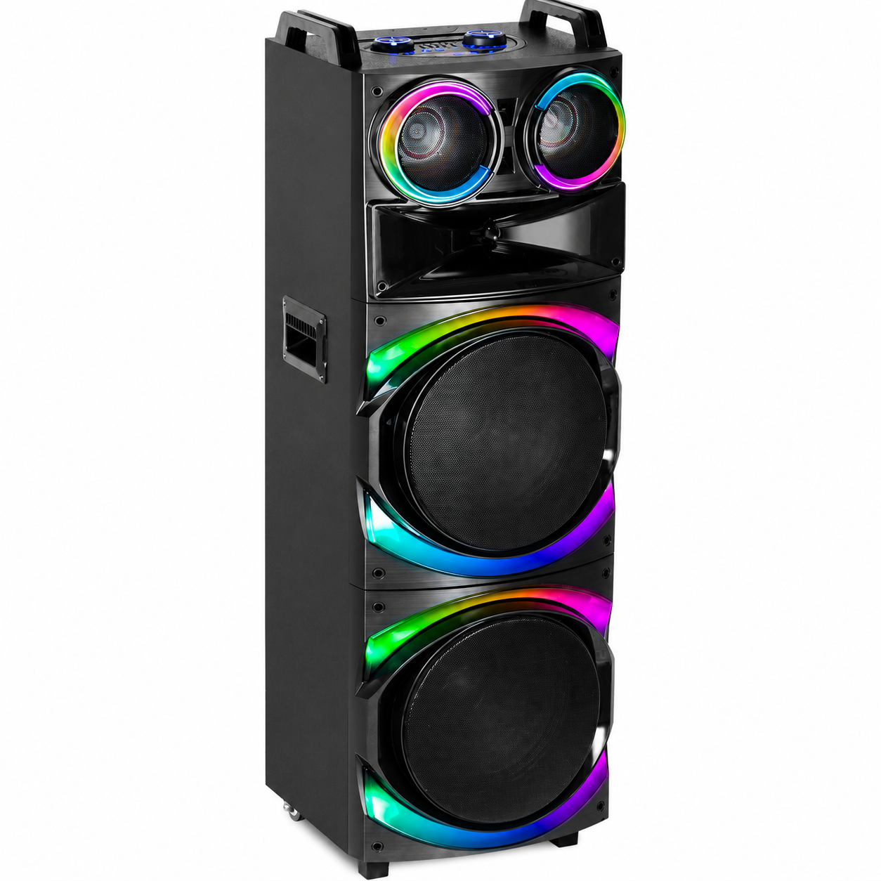 Boxă Karaoke AT PERFORMANCE® Portabilă 21200W PMPO, 2 x 12", Bluetooth, 2 Microfoane Wireless, RGB LED