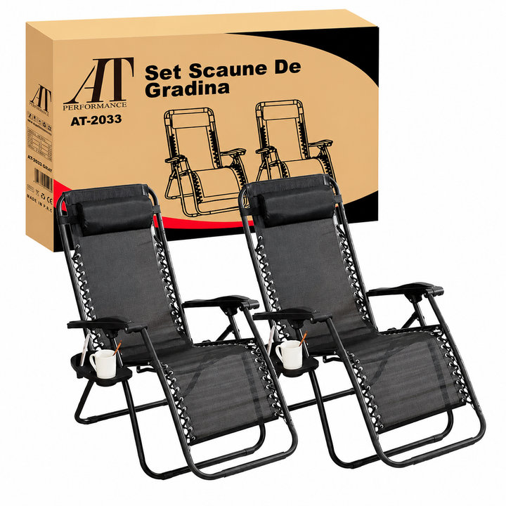 Set 2 Scaune Șezlonguri Portabile Pliabile AT PERFORMANCE® – Zero Gravity, Cadru Aluminiu, Suport Pahar
