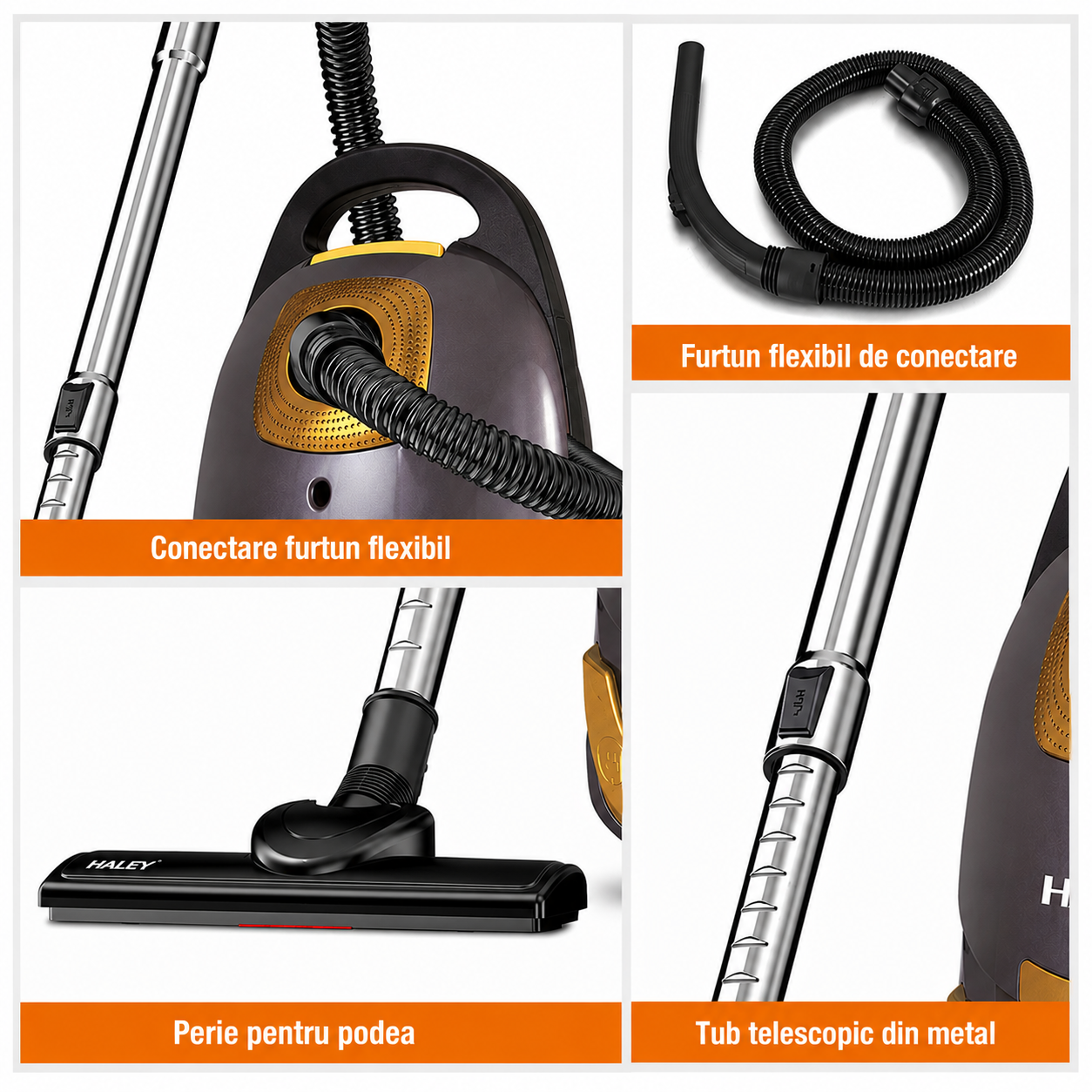 Aspirator Cu Sac HALEY HY-951, 3000W, Putere De Aspirare ≥500W, Sac 4L, Filtru HEPA, Putere Reglabilă, Cablu 6,5 m, Negru/Auriu