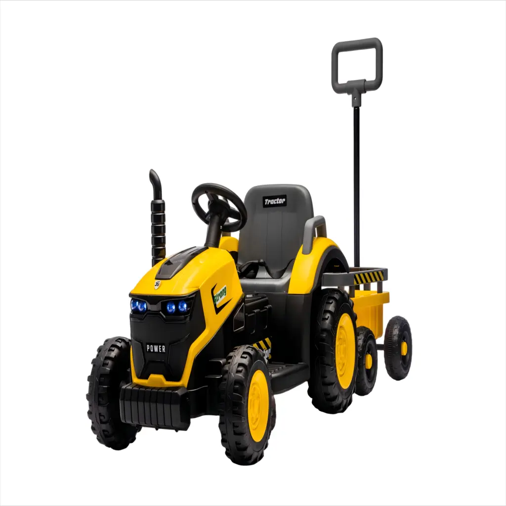 Tractor Electric KIDOO pentru Copii cu Telecomandă 2.4G, Remorcă Detașabilă, 12V 4.5Ah, 2 Motoare 380, Lumini LED, Muzică, Centură de Siguranță, Galben/Gri